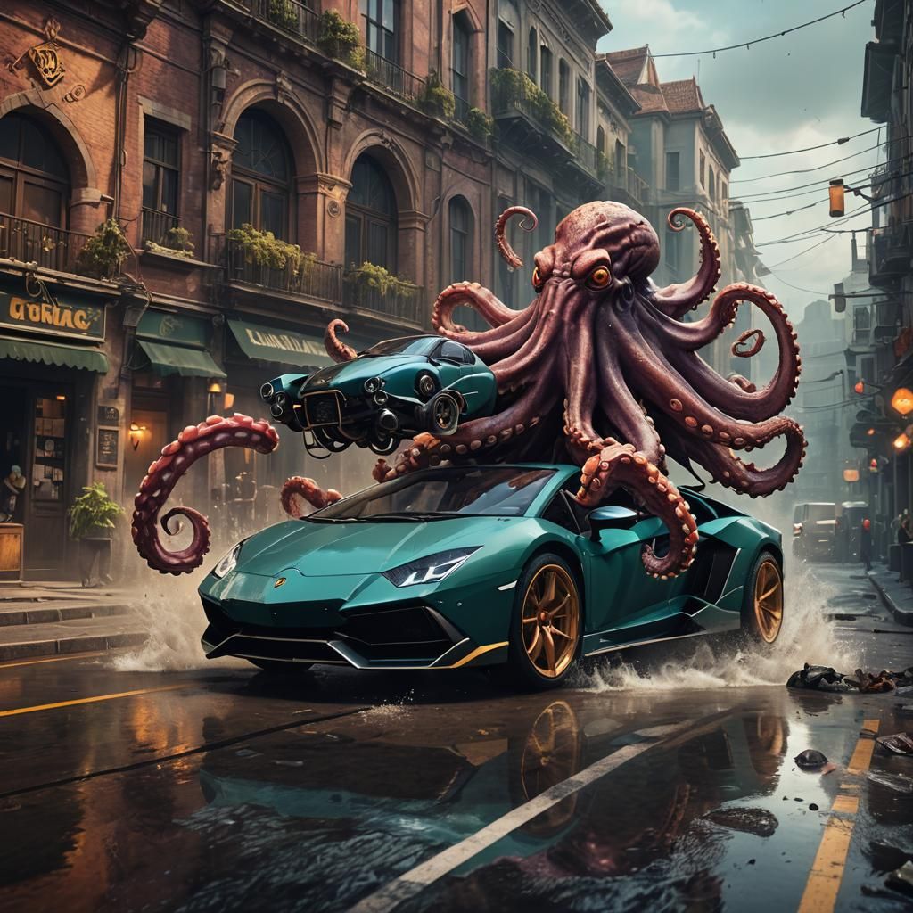 Drunk Octopus Drives a Lamborghini: Detailed Digital Art