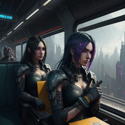 Cyberpunk Girls on a Train in Detailed Matte Painting