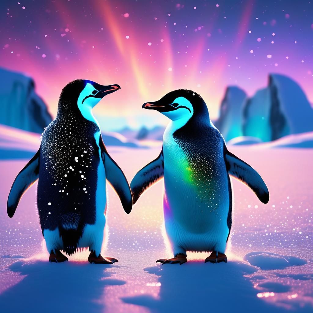 Whimsical Penguin Winter Wonderland in Dreamlike Cosmic Styl...