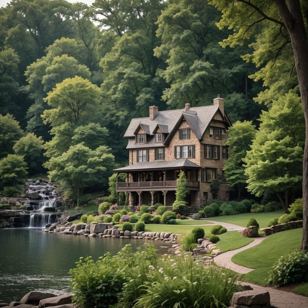 Idyllic Lakeside Home with Waterfall in Background
