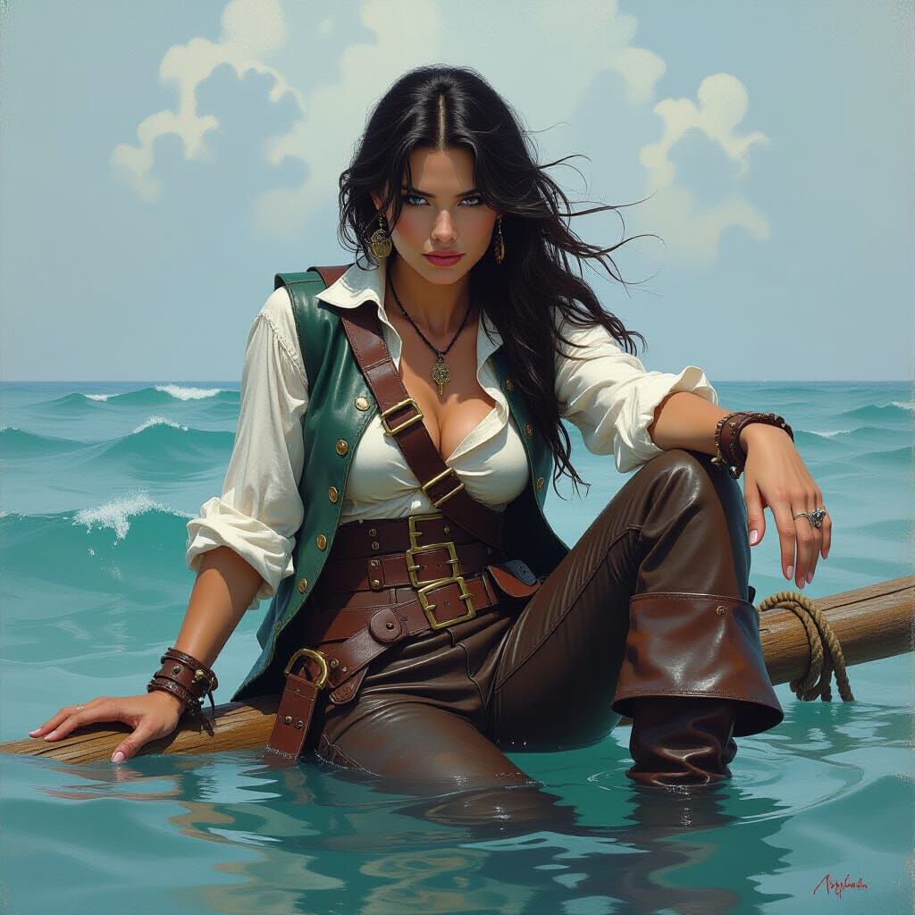 Exhausted Pirate Adrift in Fantasy Ocean Art