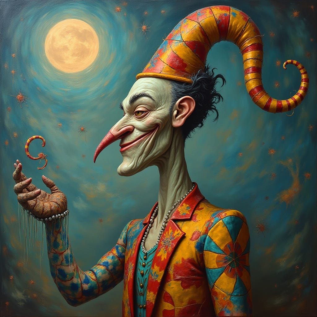 Surrealist Trickster God in Checkerboard Moons Landscape