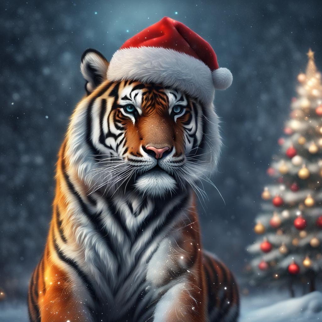 Festive Tiger with Christmas Tree in Digital Painting