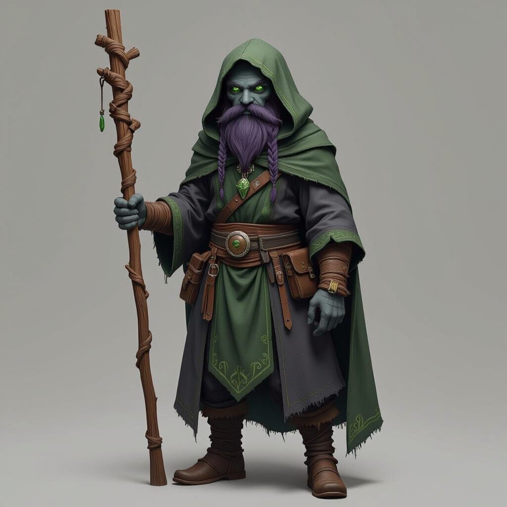 Detailed Fantasy Dwarf with Gray Skin and Green Eyes