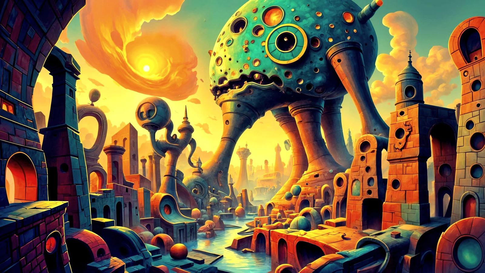 Ancient Structure Dwarfs Cityscape in High Contrast Fantasy ...