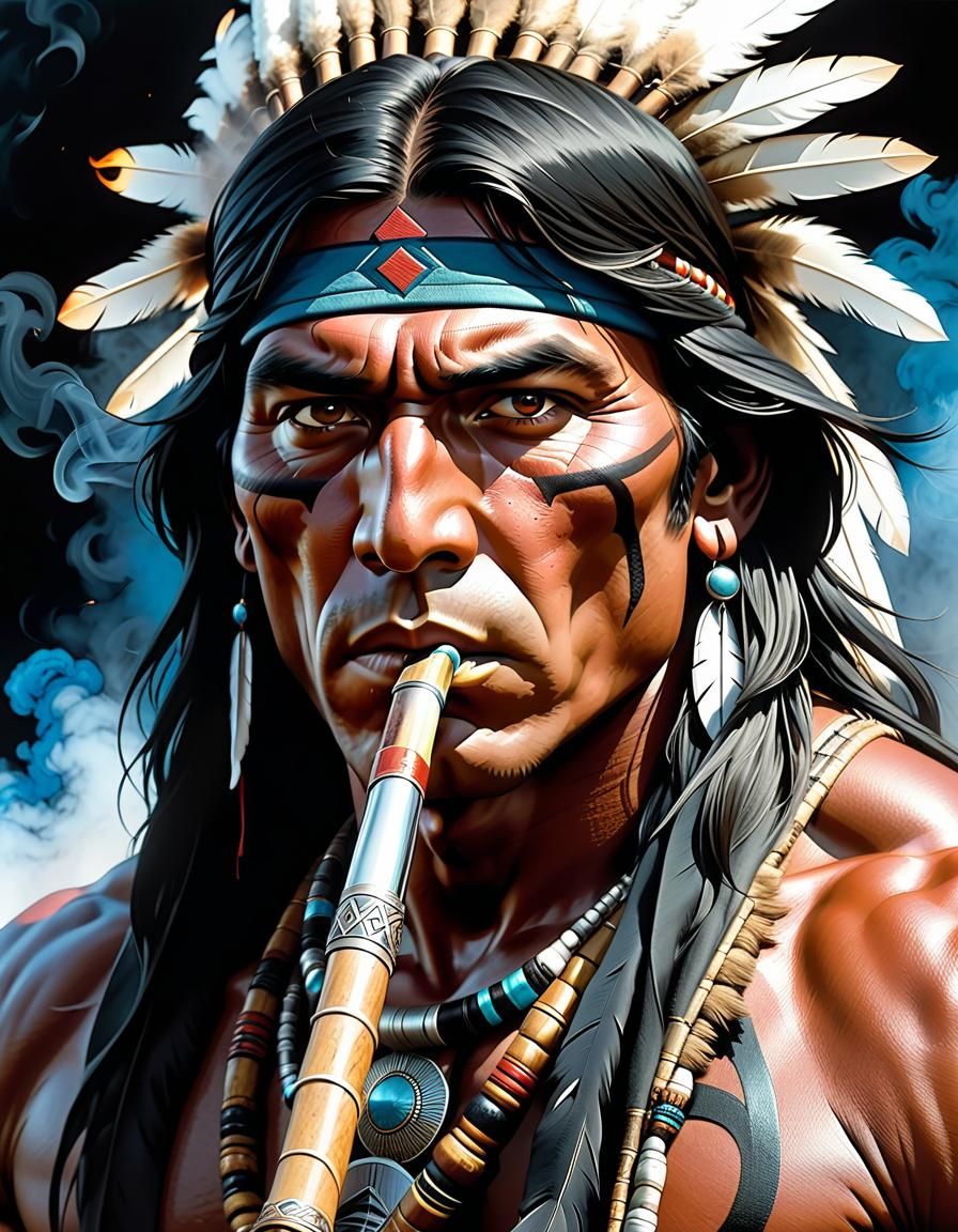 Native American Smoking Pipe in Comic Book Style