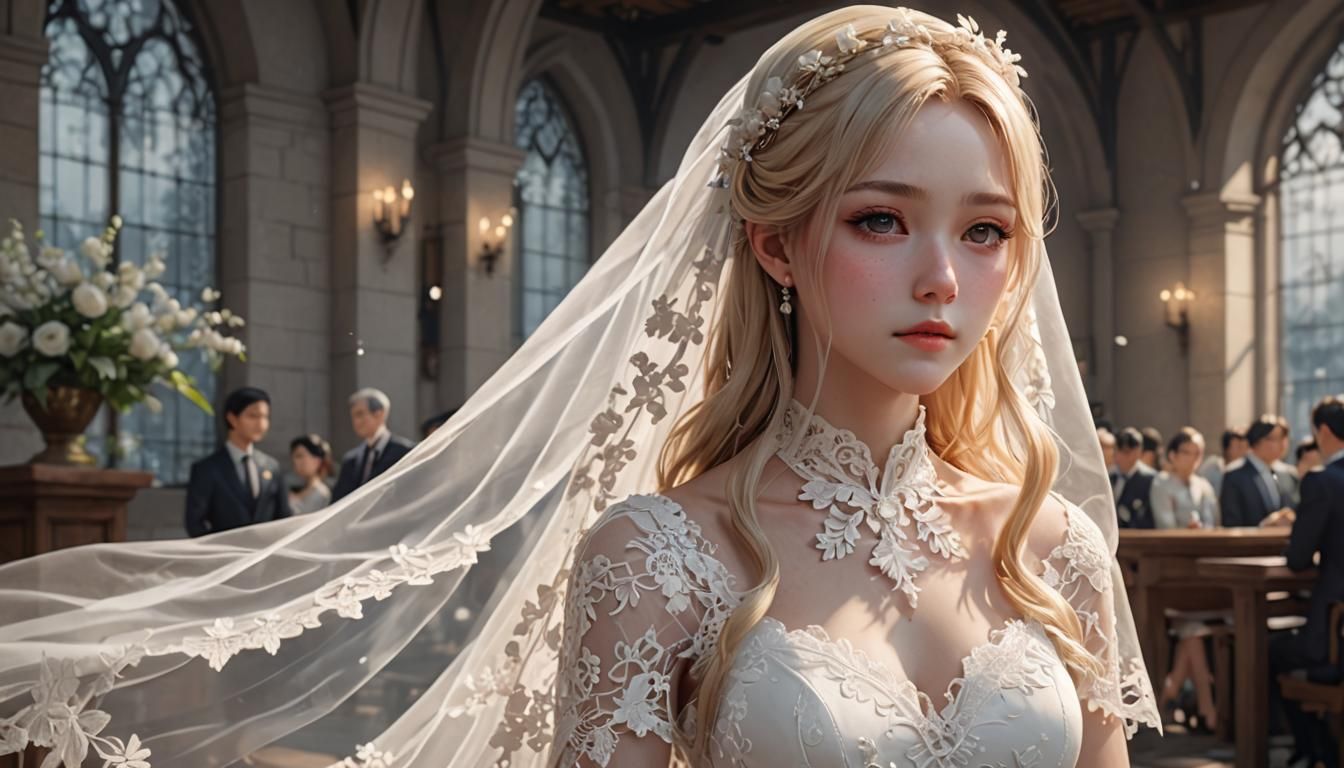 Anime Style Bride in White Lace Wedding Dress