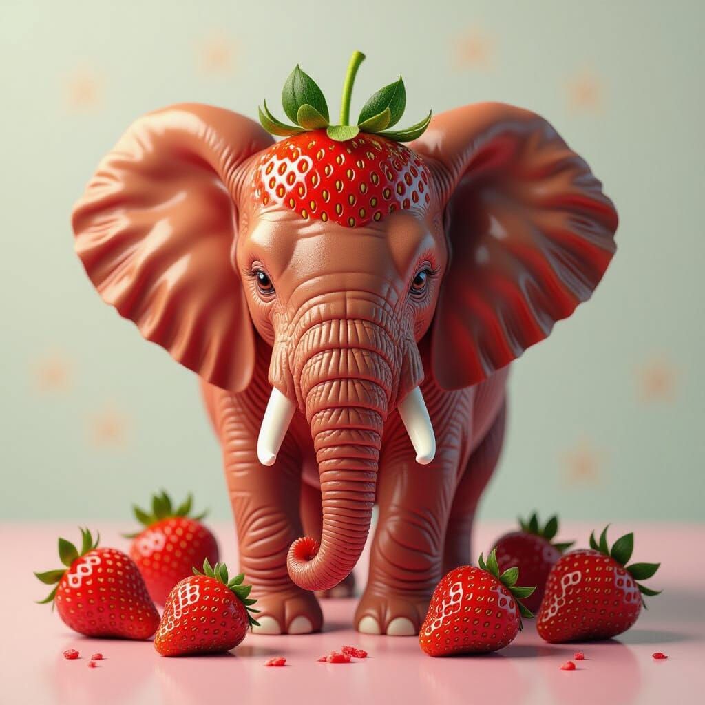 Hyperrealistic Strawberry Elephant on Pastel Background