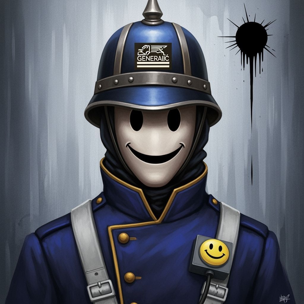 Primitivist Portrait of Masked Figure with Eerie Smile