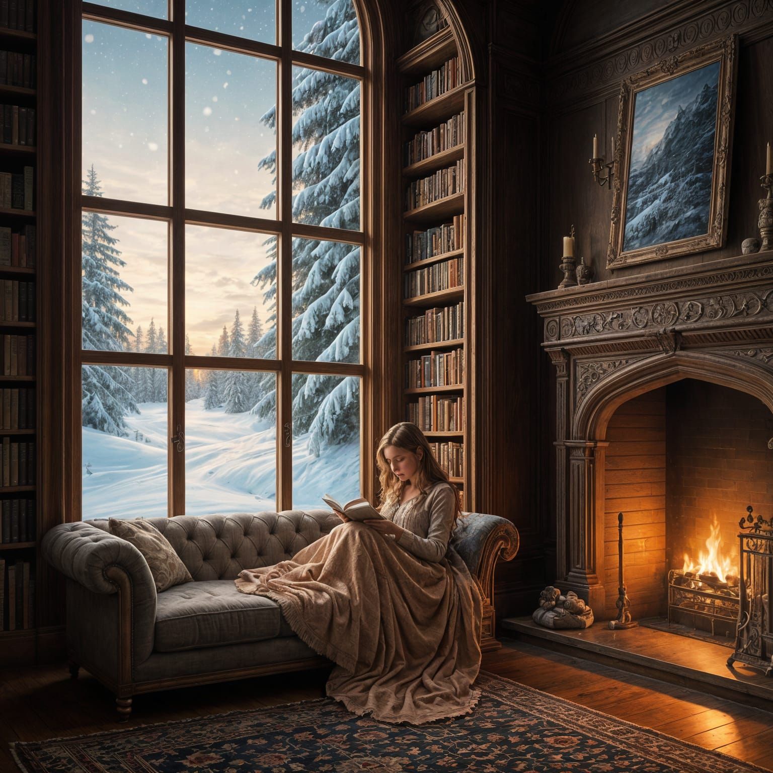 Cozy Boho Library with Snowy Landscape