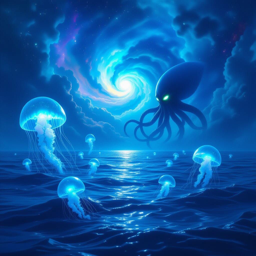 Surreal Ocean Nebula with Kraken and Bioluminescent Jellyfis...