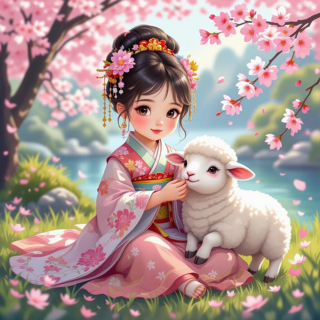 Chinese Princess with Sheep in Asian Garden
