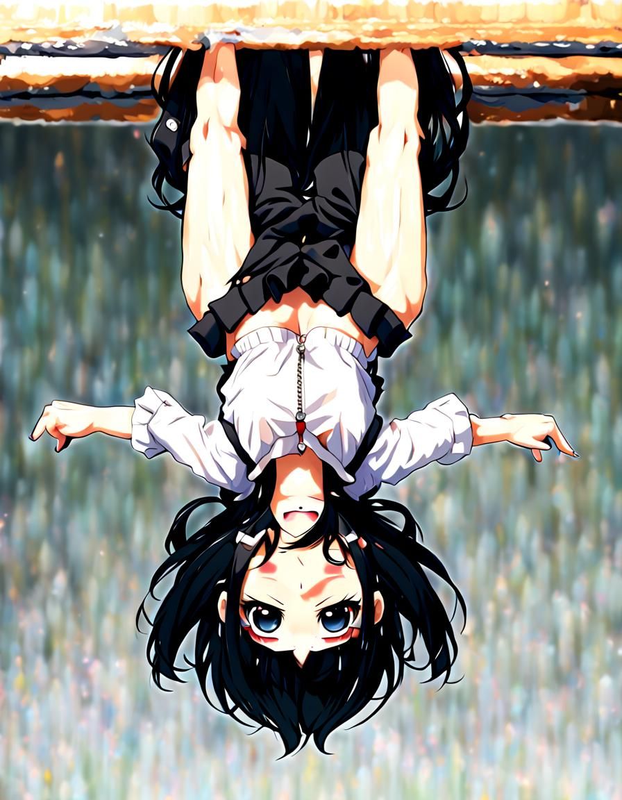 Anime Girl hanging upside down, black Hair