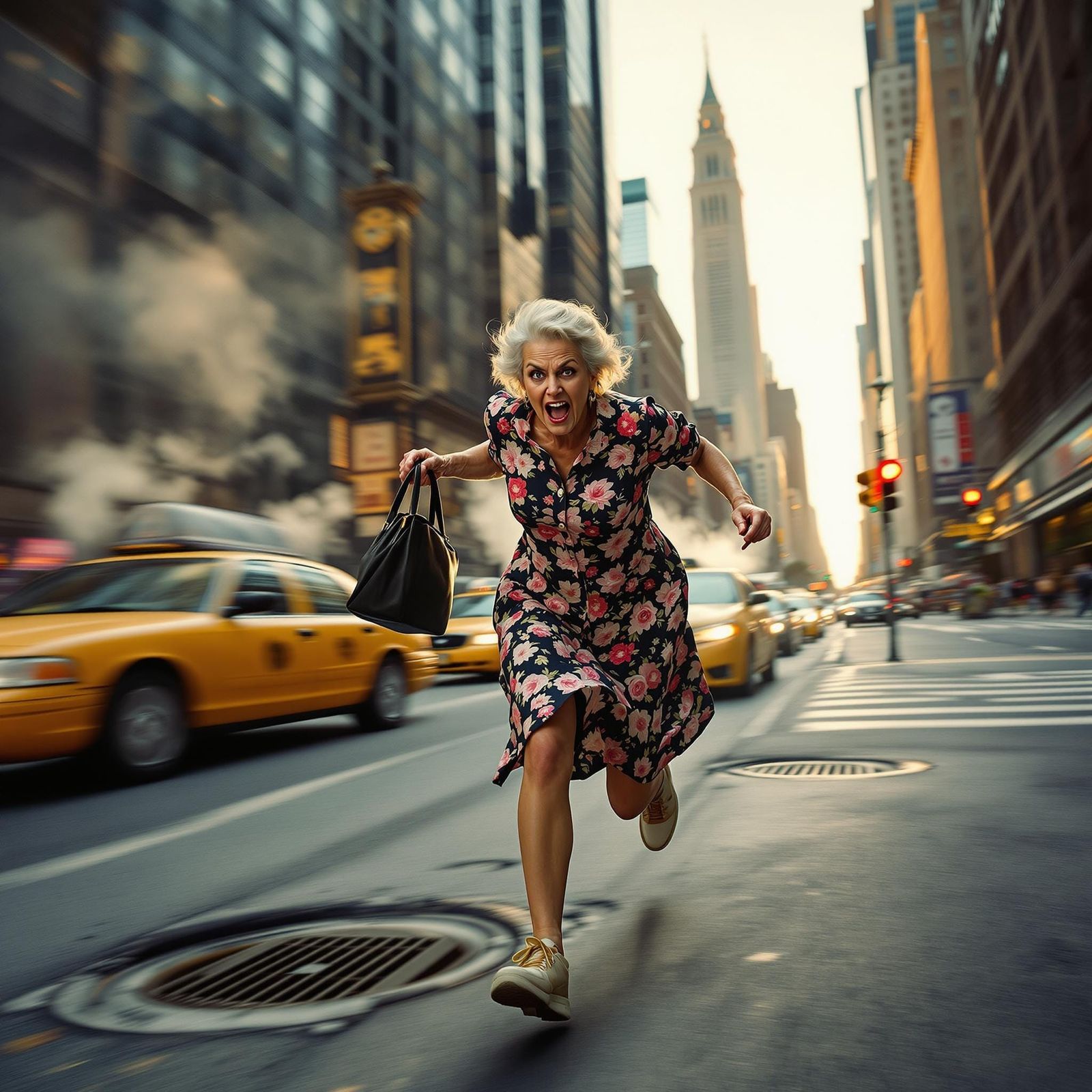 Elderly Lady Chasing Thief in New York City Street Photograp...