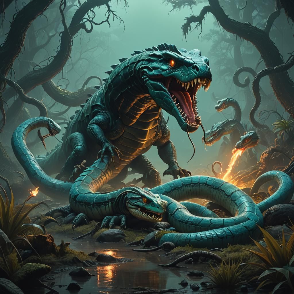 Three-Headed Snake and Hydra in Misty Swamp