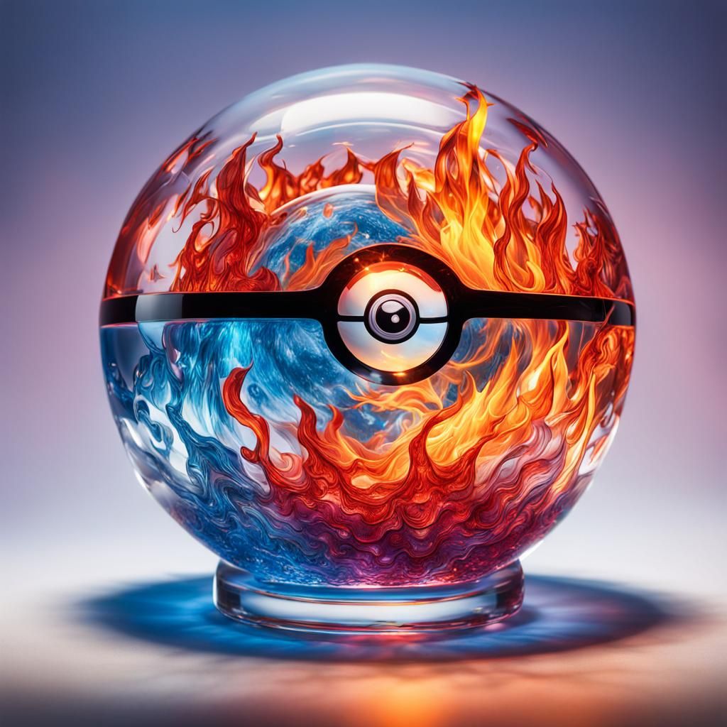 Glass Pokemon Ball Sculpture with Fire and Ice
