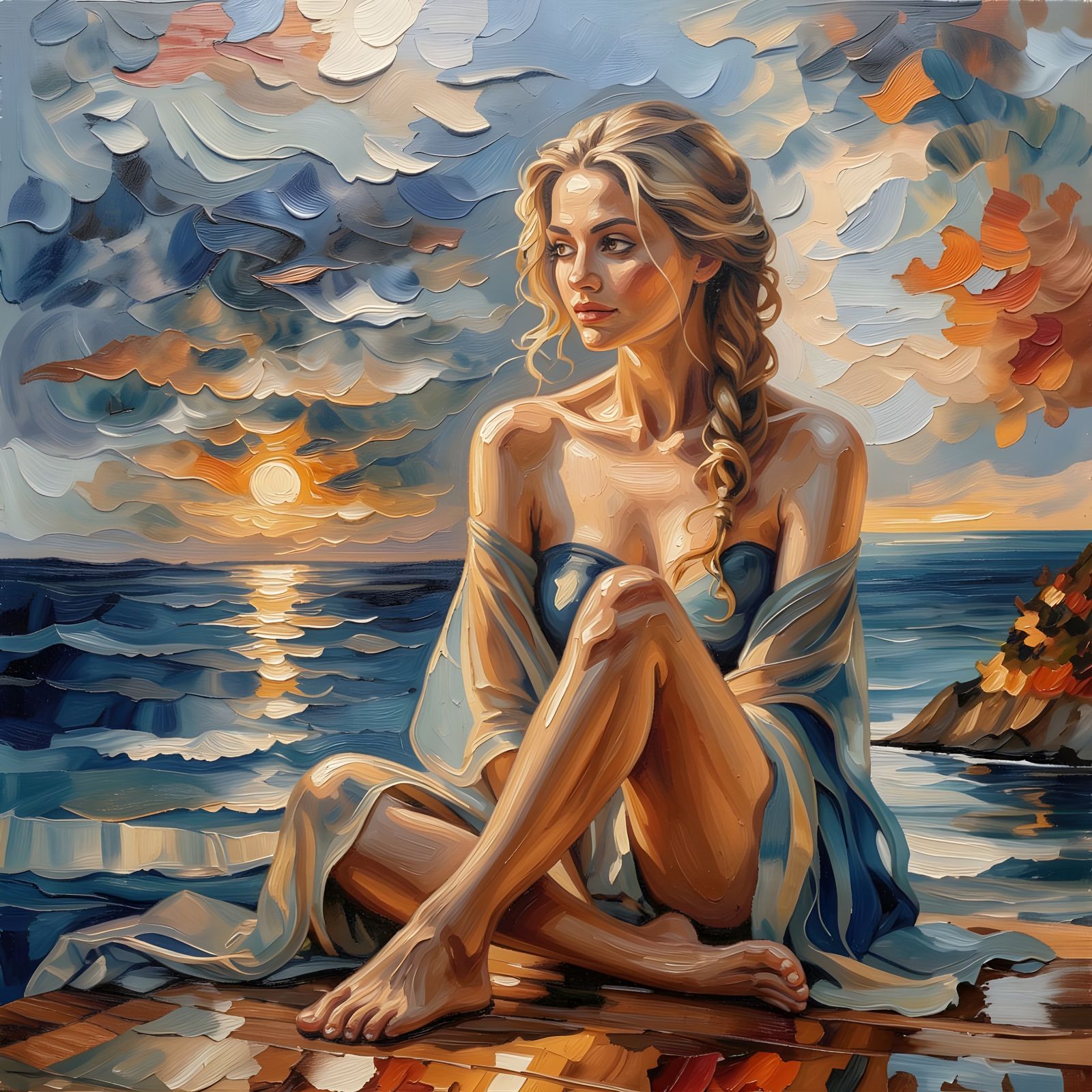 Barefoot Women by the Ocean in Oil Paint Style