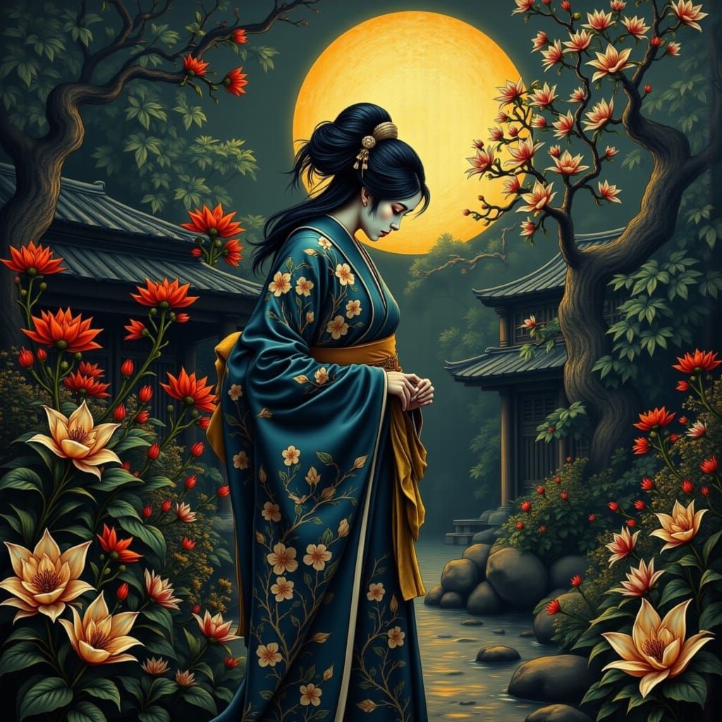 A Cyberpunk Geisha Mourns in a Futuristic Cityscape