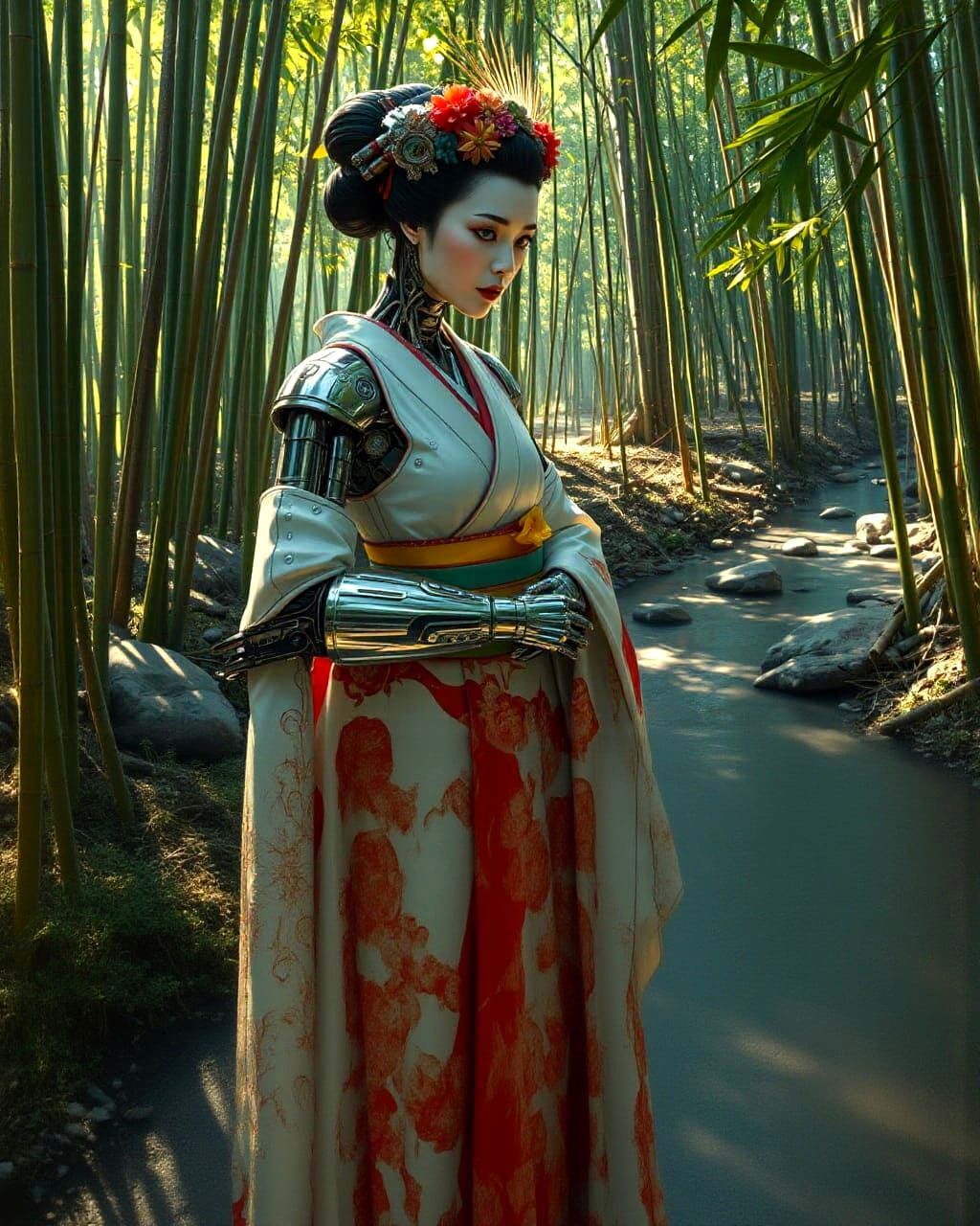 Cyborg Geisha in Bamboo Forest: Cinematic Realism