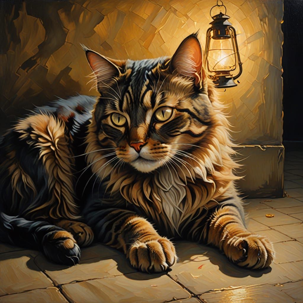 Surreal Cat at Feet of Dying Person in Oil Paint