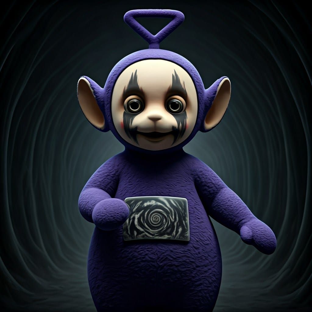 Gothic Teletubby with Sinister Belly Screen in Dark, Ominous...