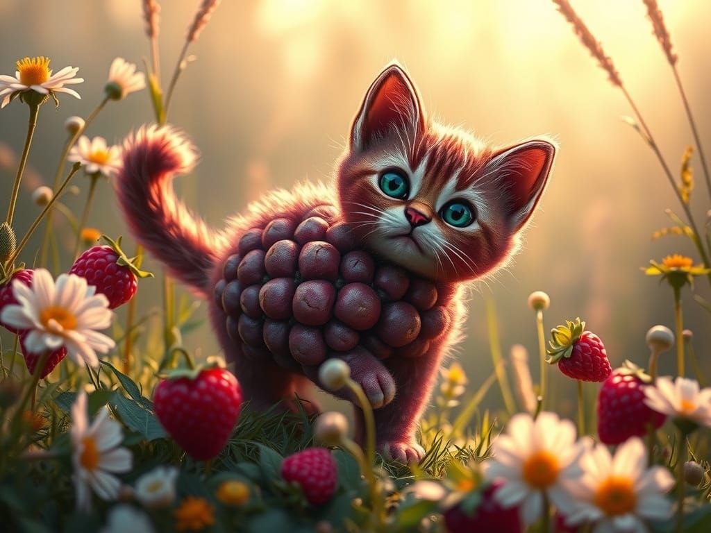 Raspberry Cat in Whimsical Berry Meadow