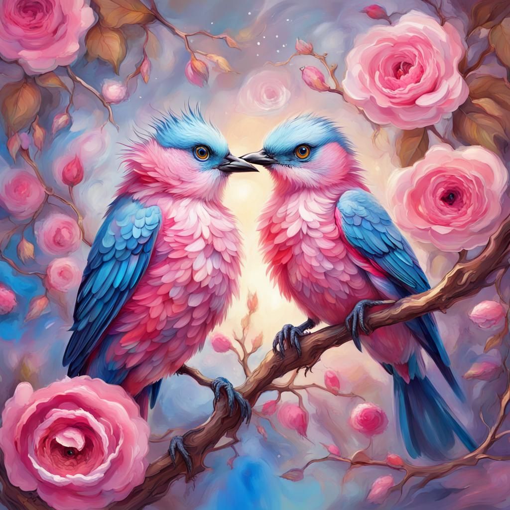 Enchanted Pink Birds in Floral Fantasy, Van Gogh Style
