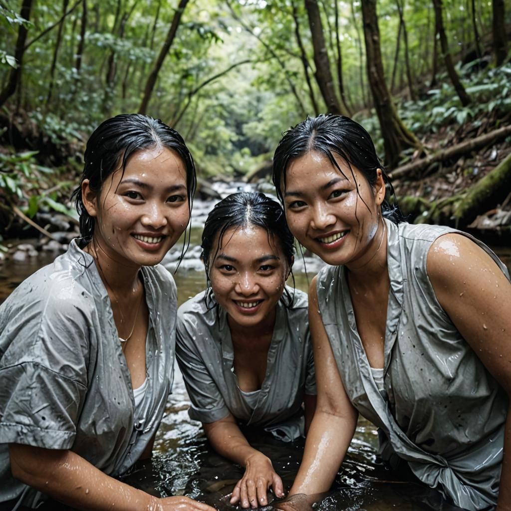 Women Washing Clothes in Forest Stream: Hyperrealistic Portr...