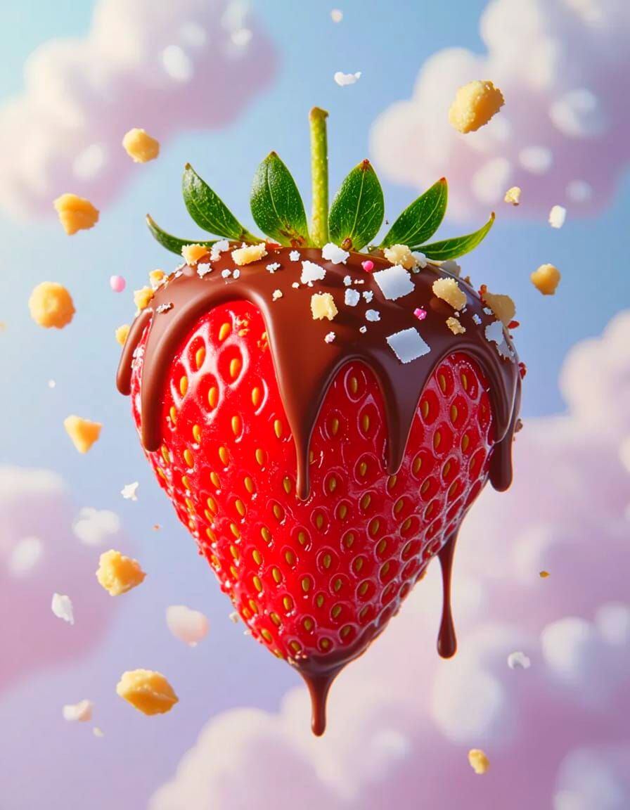 Juicy Strawberry Drizzled With Chocolate Floating In Space