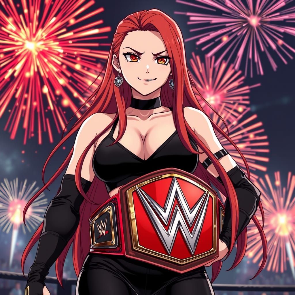 Anime Wrestler in Black Gear with Championship Belt