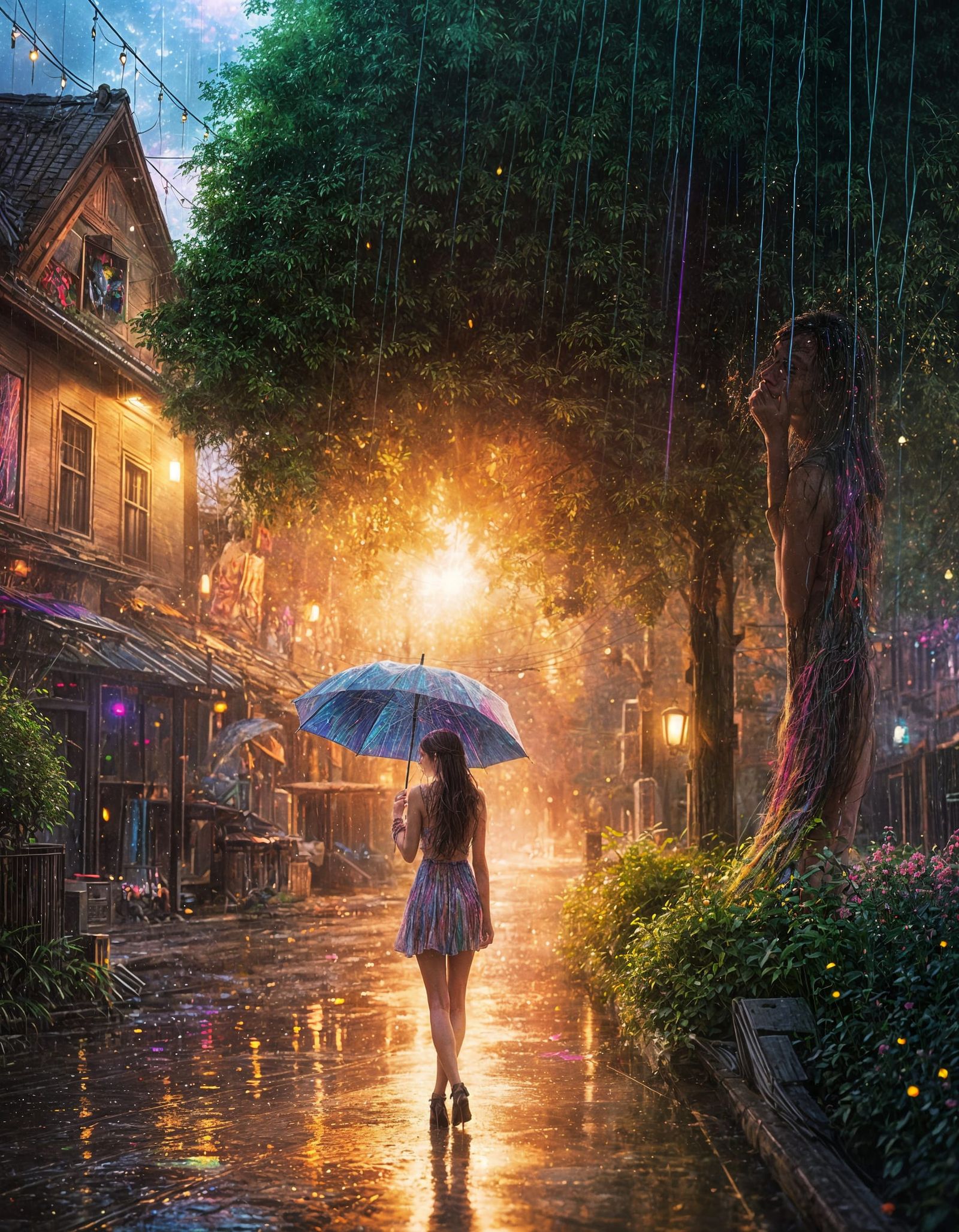 Happy Girl in Summer Rain: Anime Style 3D Render