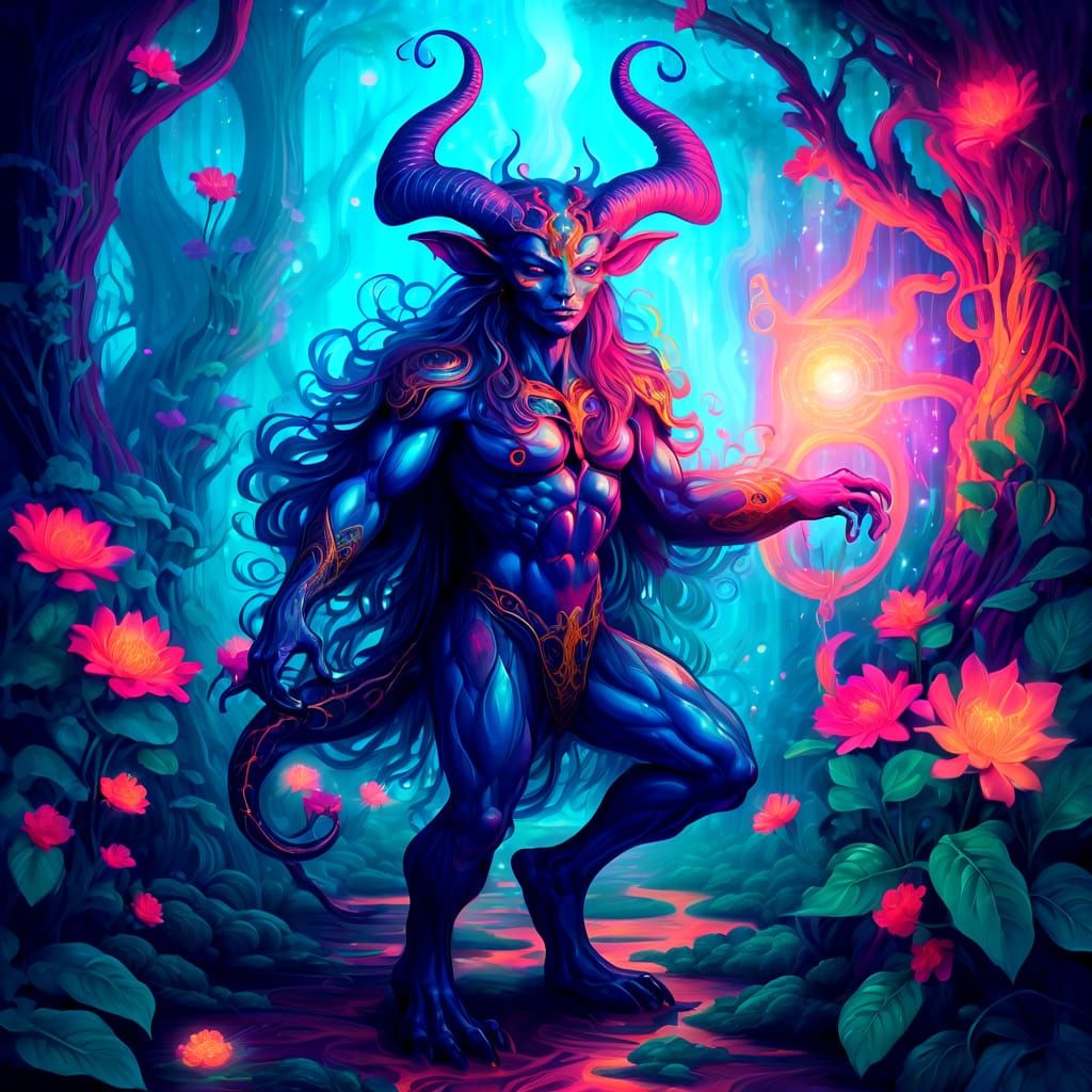 Ethereal Animalic Demon Portrait in Psychedelic Style