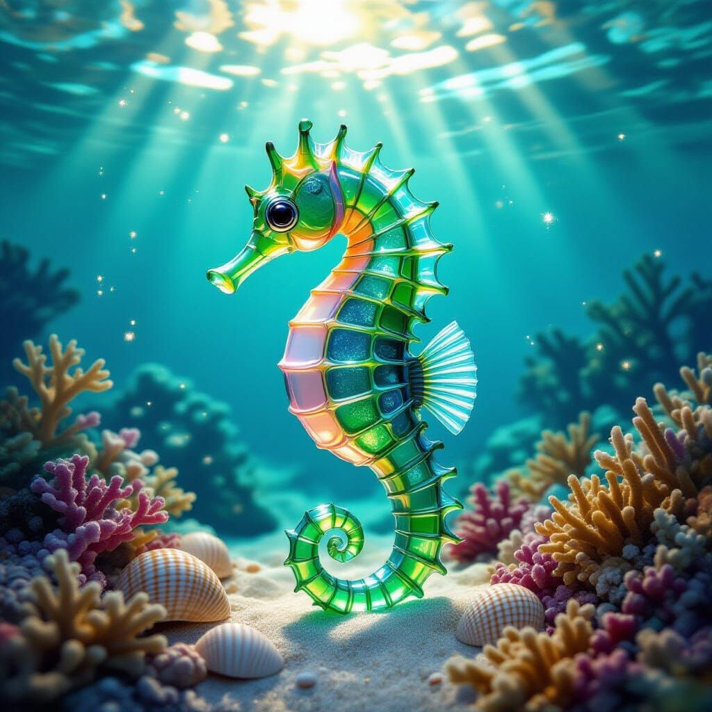 Ocean Glass Seahorse on Vibrant Coral Reef