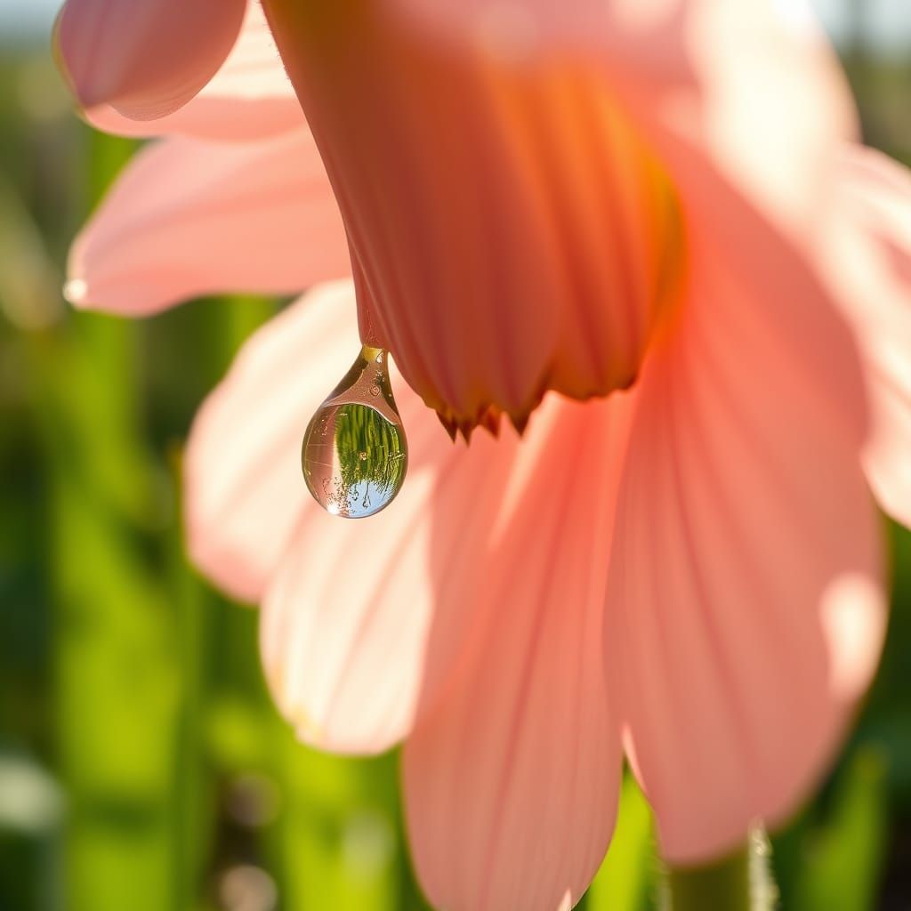 Surreal Macro Study of Dew Drop on Wildflower in Lush Spring...
