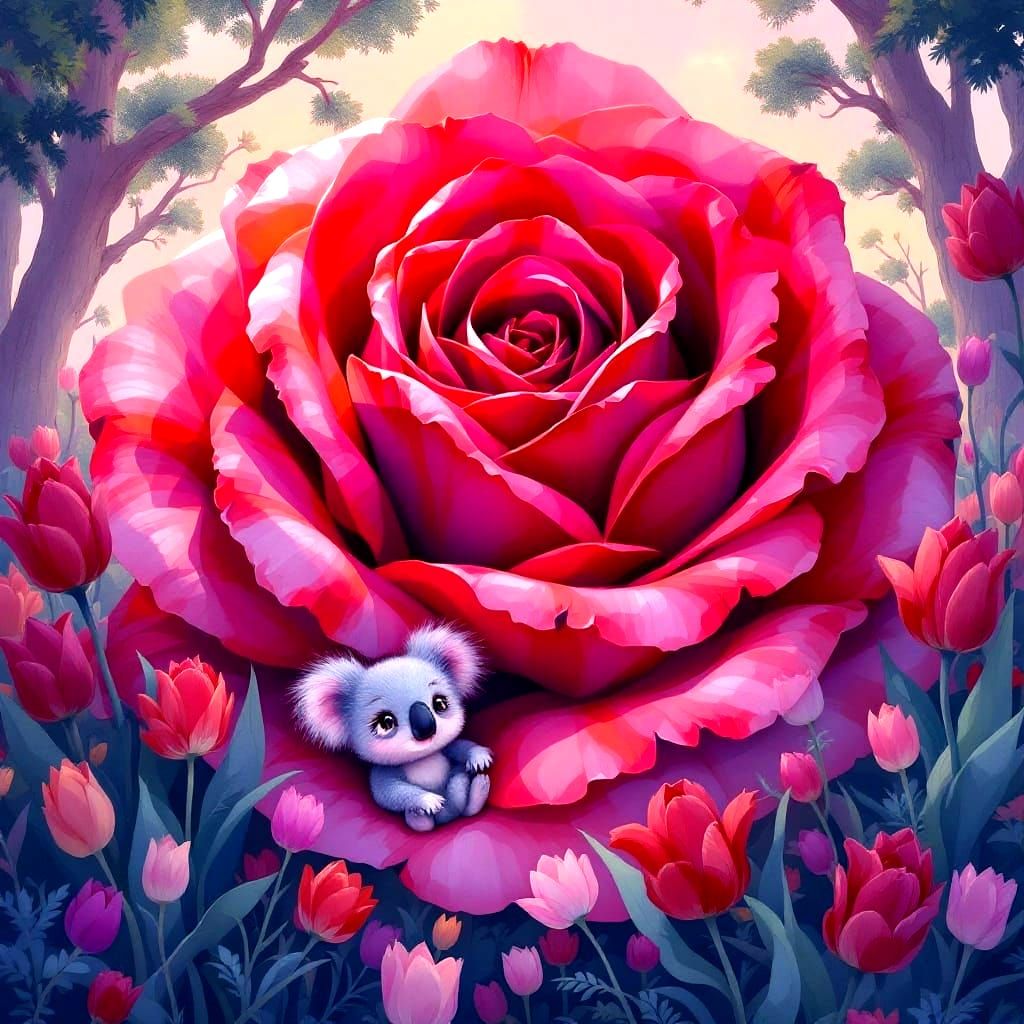 Koala in a Vibrant Rose Garden