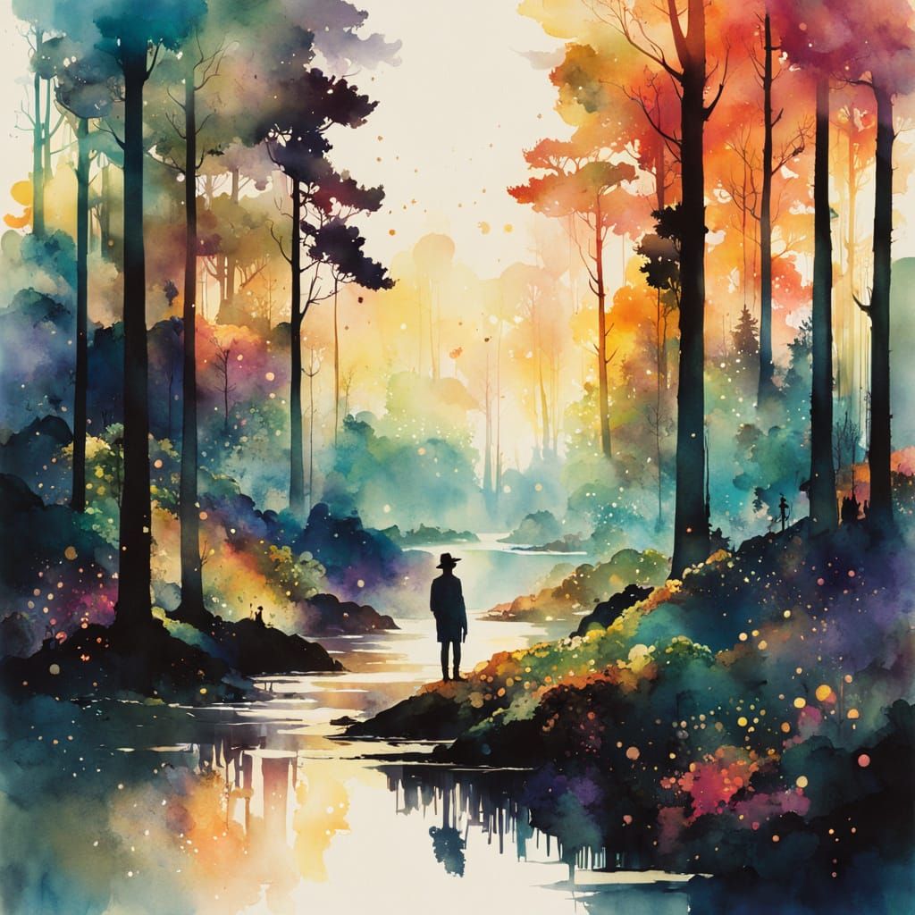Boy in Sparkling Forest: Chiaroscuro Watercolor Art