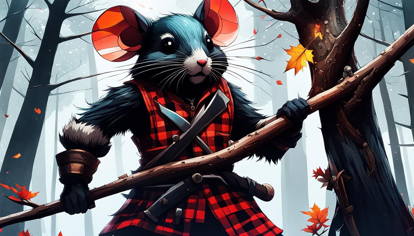 Anime Mouse Lumberjack in Forest: Digital Painting