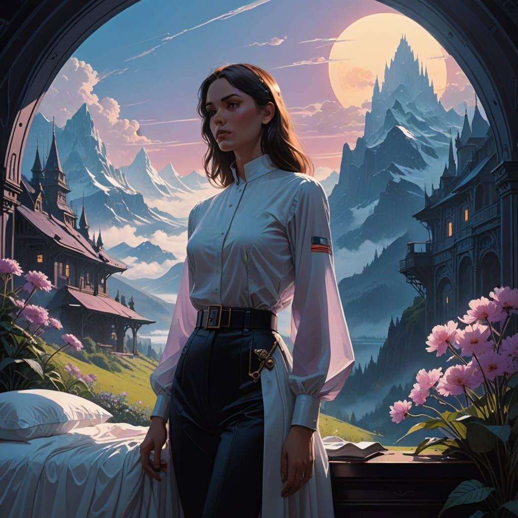 Surreal Russian Soldier in Mystical Bedroom with Glowing Cry...