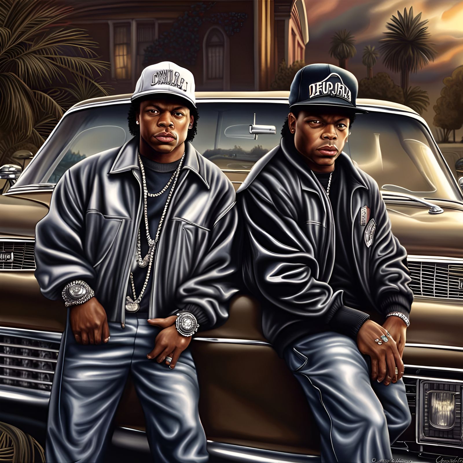 “Cuz tha Boyz in the Hood are always Hard”. Eazy E and Dr. Dre leanin’ on a 1964 Impala