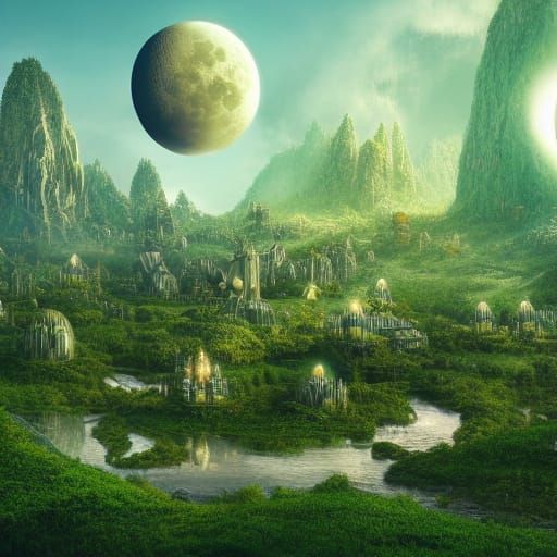 Vivid Green Fantasy World with Multiple Moons