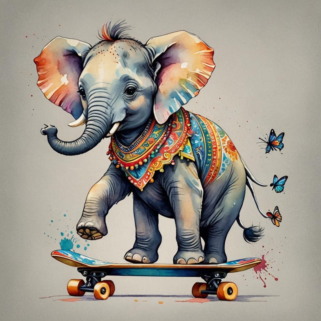 Joyful Elephant on Skateboard Watercolor Art