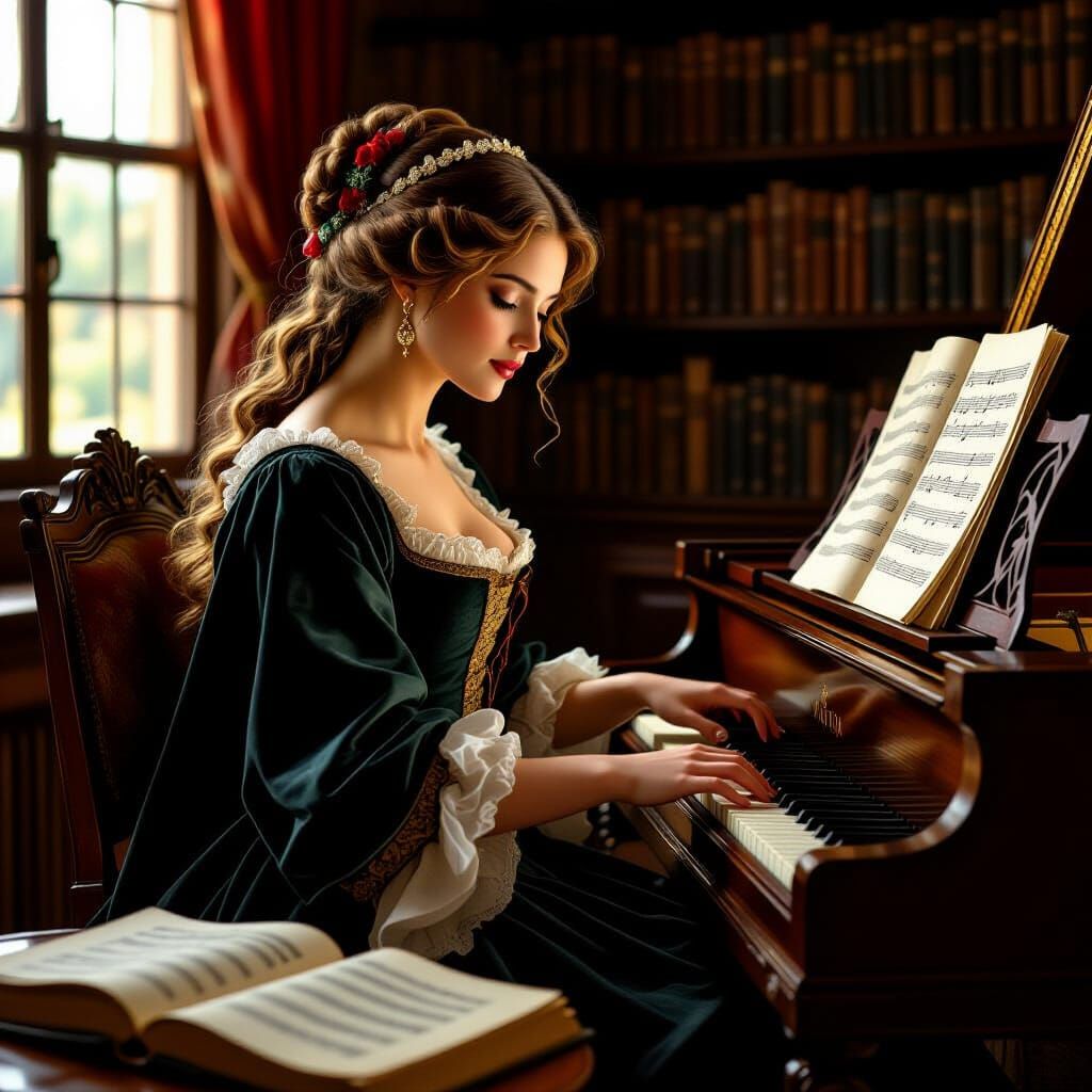 Renaissance Woman Composer at Harpsichord in Realistic Oil P...
