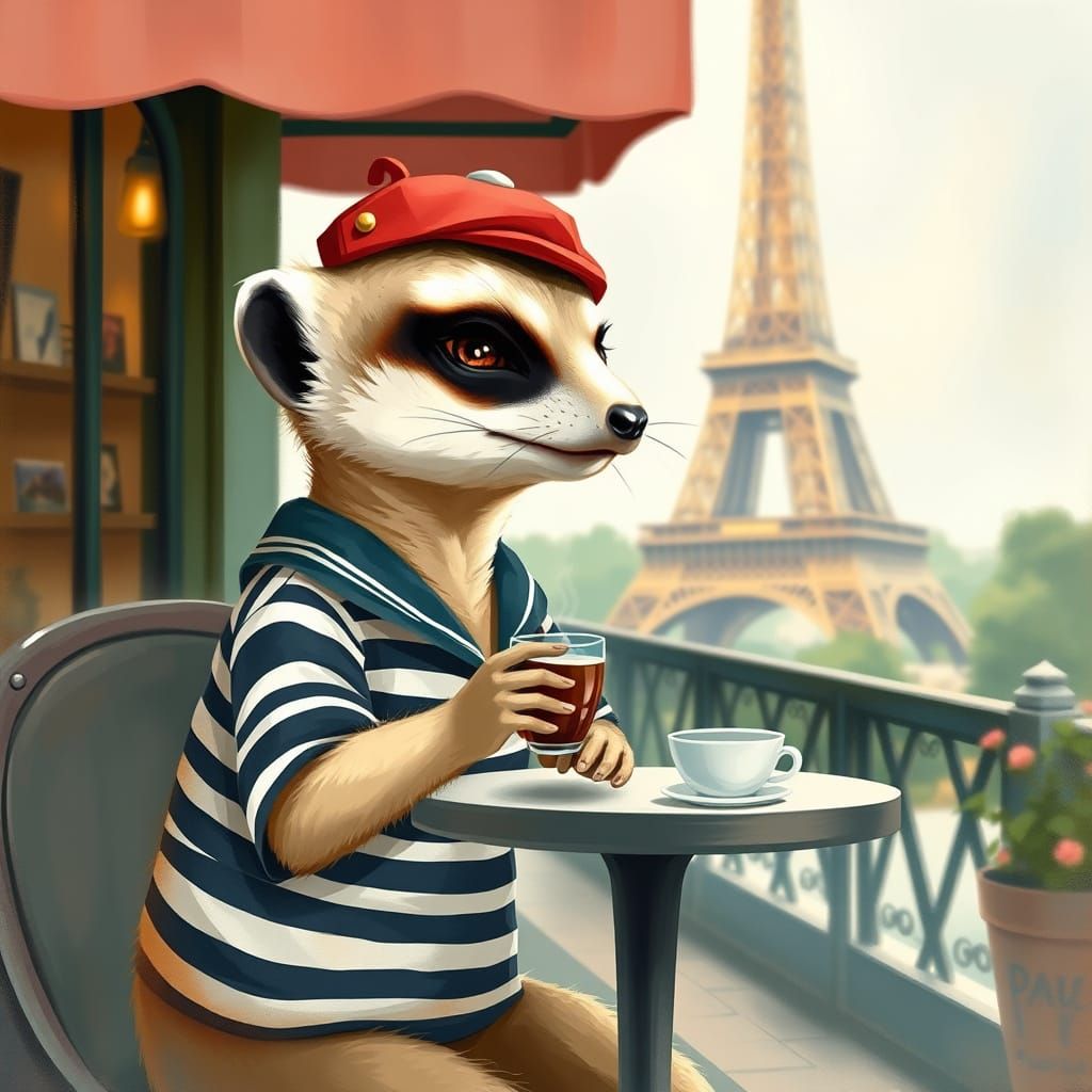 Meerkat Sipping Espresso in Paris, Impressionist Style
