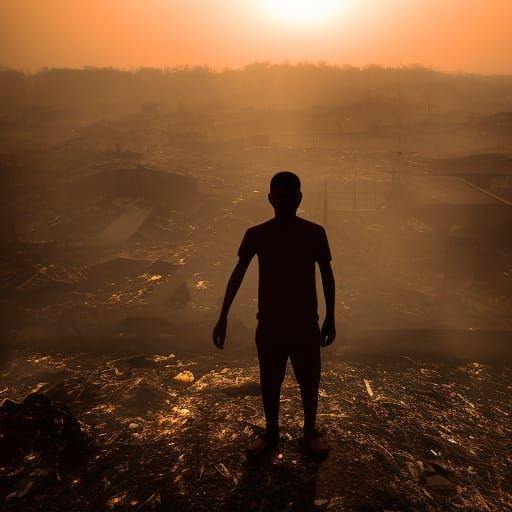 Silhouette Overlooking Burning Village at Sunset