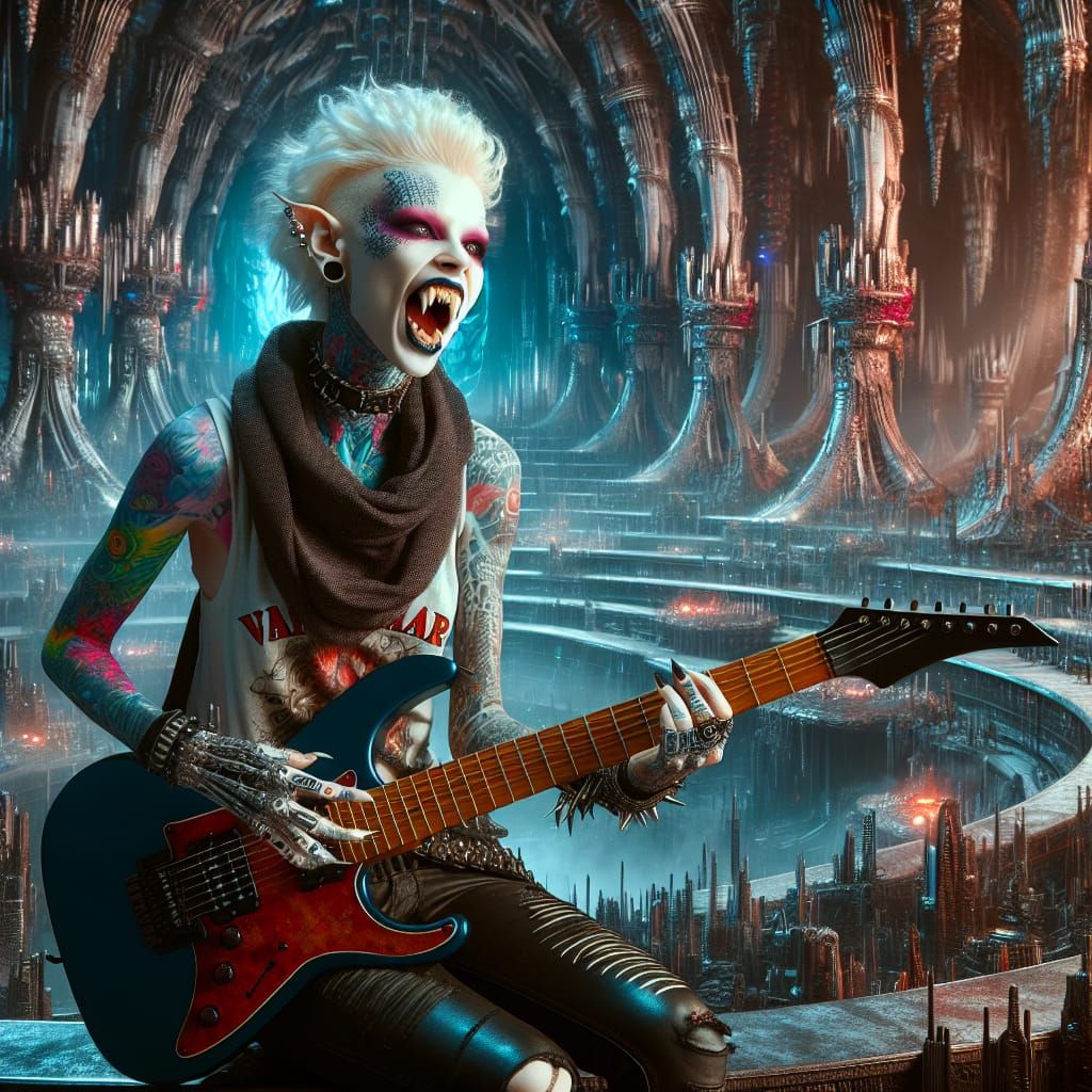 Albino Punk Vampire Guitarist in Gothic Lair