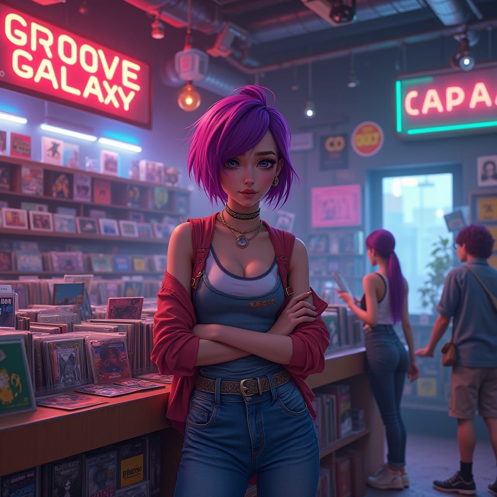 Confident Record Store Owner with Vibrant Plum Hair