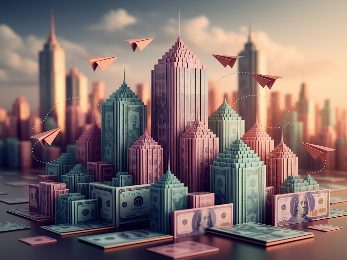 Origami City Skyline from Currency in Art Deco Style