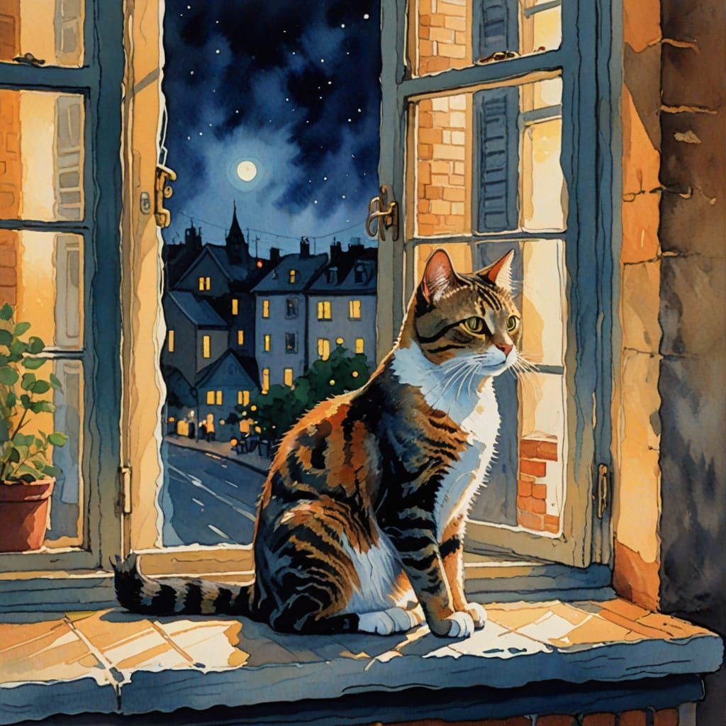 Elegant Cat Contemplating City Life in Vibrant Impressionist...