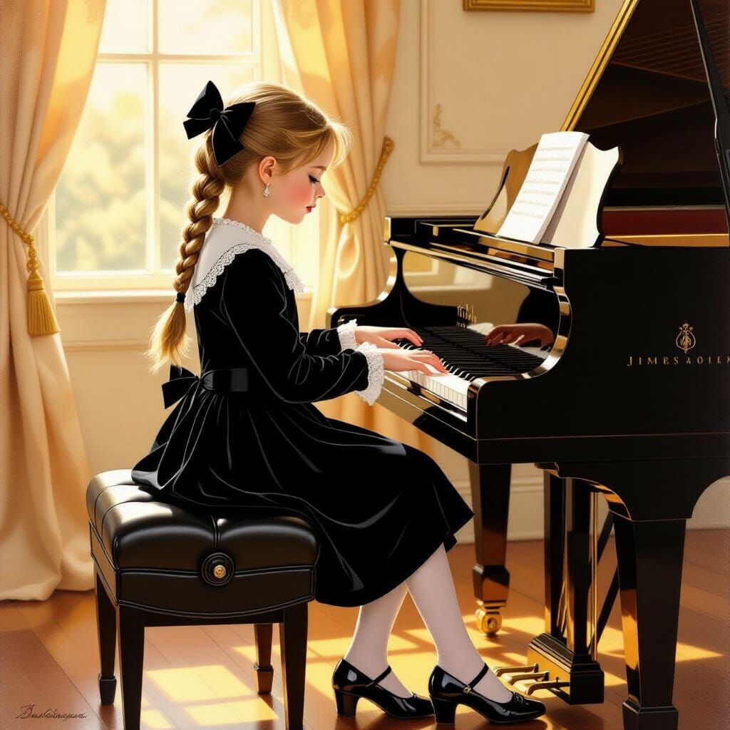 Girl Concentrates Playing Grand Piano in Golden Light