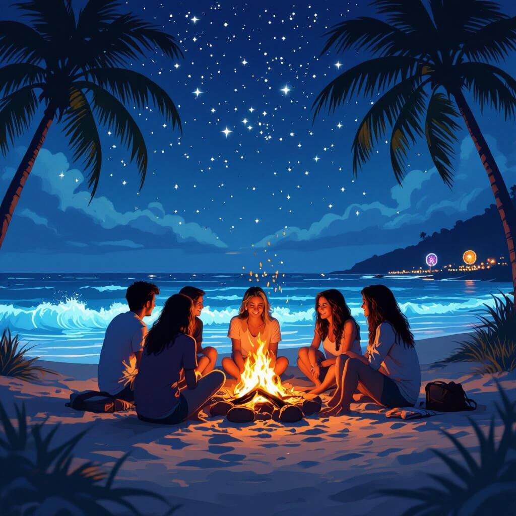 Bioluminescent Beach Bonfire Under Starry Skies